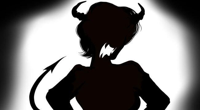ツノとしっぽの生えた悪魔コスプレした恐妻の白黒切り絵風シルエットイラスト Stock Illustration Adobe Stock ツノとしっぽの生えた悪魔コスプレした恐妻の白黒切り絵風シルエットイラスト Stock Illustration Adobe Stock