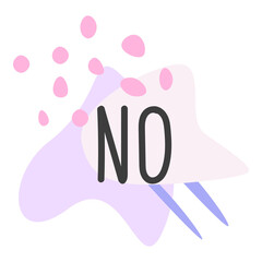 Modern flat icon template illustration with text No in pink, soft blue, purple and dark gray or black with spots, shapes, lines and dots decoration for  cards, banners, posters, stickers