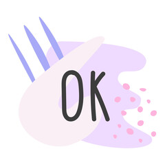 Modern flat icon template illustration with text Ok in pink, soft blue, purple and dark gray or black with spots, shapes, lines and dots decoration for  cards, banners, posters, stickers