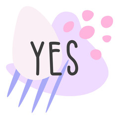 Modern flat icon template illustration with text Yes in pink, soft blue, purple and dark gray or black with spots, shapes, lines and dots decoration for  cards, banners, posters, stickers