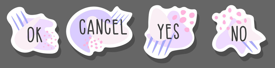 Set of flat icon template with text Ok, Cancel, Yes, No in purple and dark gray with shapes, lines and dots for web, posters, stickers