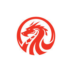 Dragon head in a circle frame badge logo design. Dragon serpent vector icon