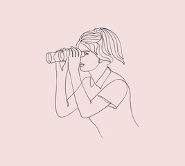 Beautiful Abstract Woman Use And  Looking Through Binoculars Line Art Illustration