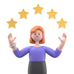 3D illustration of smiling businesswoman Ellen points to the stars, good review. Customer review rating and client feedback concept.  3D rendering on white background.