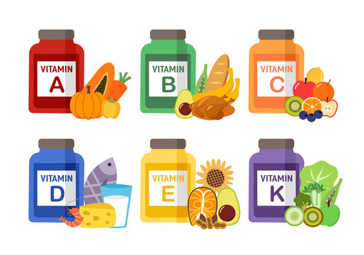 Food sources for vitamin A to K in flat design on white background.