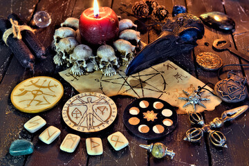 Wicca, esoteric and occult still life with vintage magic objects on witch table altar for mystic rituals and fortune telling. Halloween and gothic concept