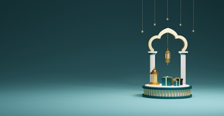 3d rendering of Islamic Background, Eid and Ramadan sale post design with 3d podium, Social media advertisement.