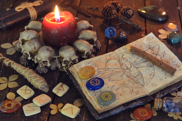 Wicca, esoteric and occult still life with vintage magic objects on witch table altar for mystic rituals and fortune telling. Halloween and gothic concept