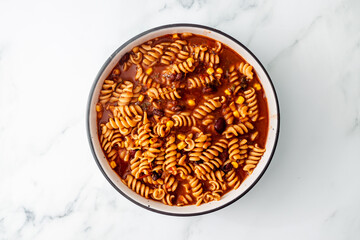 healthy plant-based food, vegan spiral pasta with spicy tomato sauce with beans and corn