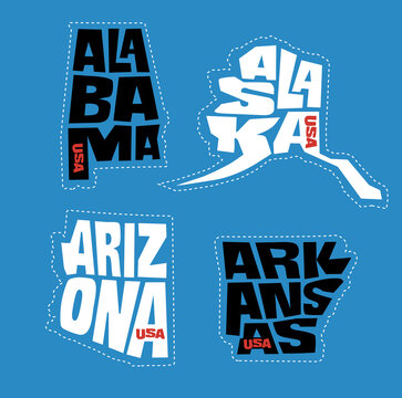 Alabama, Alaska, Arizona, Arkansas State Names Distorted Into State Outlines. Pop Art Style Vector Illustration For Stickers, T-shirts, Posters And Social Media.