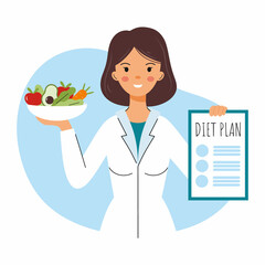 Family nutritionist. Happy doctor. Healthy nutrition and diet plan. Vector character in flat style.