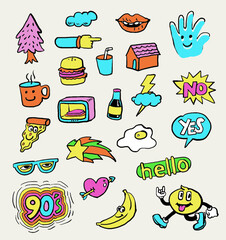 Cartoon pin badge icon from the 90's doodle Vector illustration.