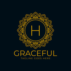 letter H flower graceful circle decoration monogram vector logo design