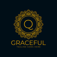 letter Q flower graceful circle decoration monogram vector logo design