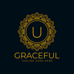 letter U flower graceful circle decoration monogram vector logo design
