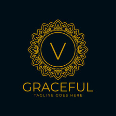 letter V flower graceful circle decoration monogram vector logo design