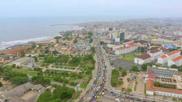 Aerial of the Kwame Nkrumah Mausoleum and memorial park is located in downtown Accra