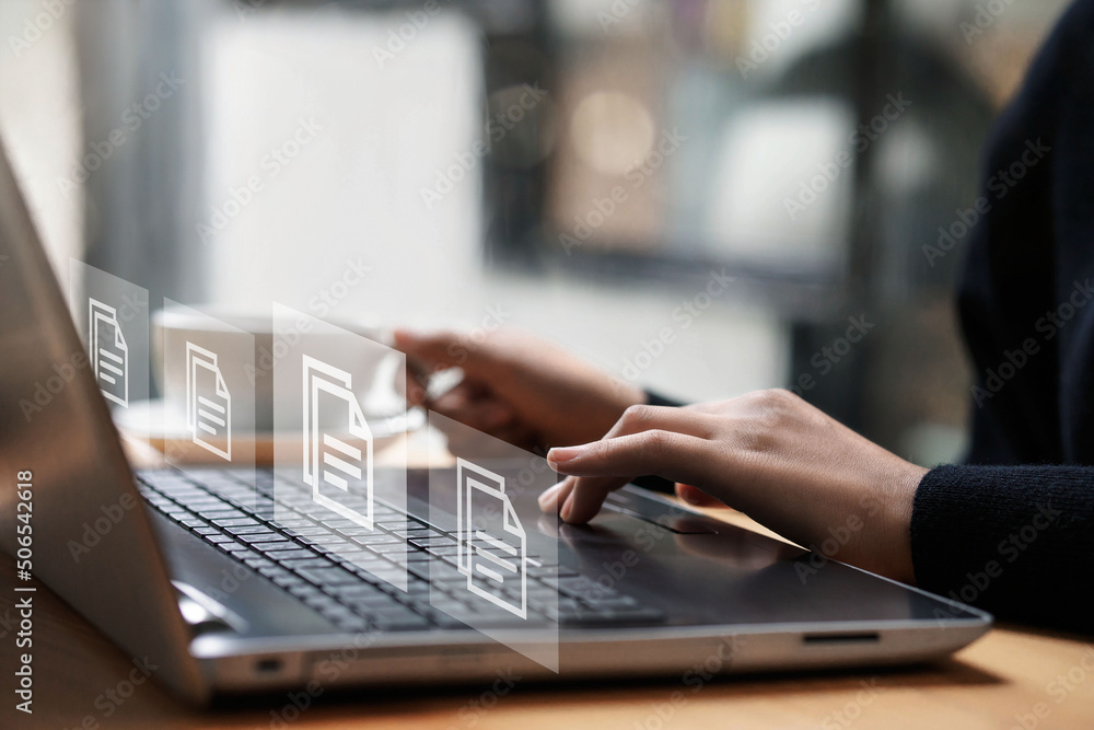 Poster businesswoman typing on a computer keyboard checking documents document management concept with icon