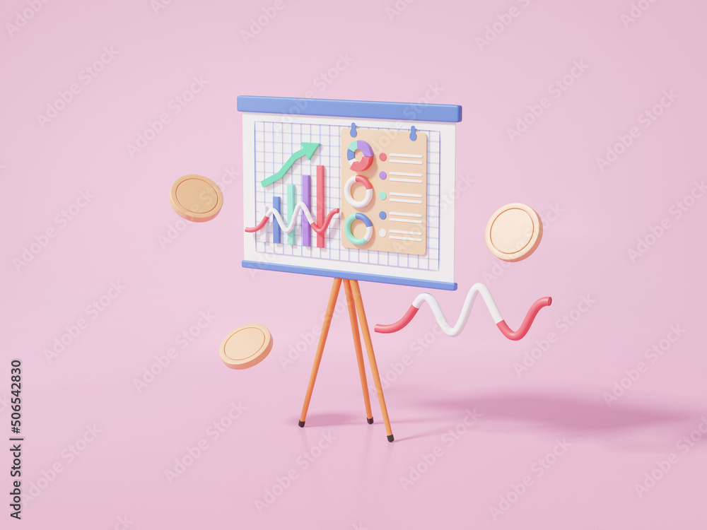 Poster Minimal Statistics finance chart graph analytics optimization isometric, coin floating, stock market To invest business development presentation concept. strategy growth on pink background. 3d render