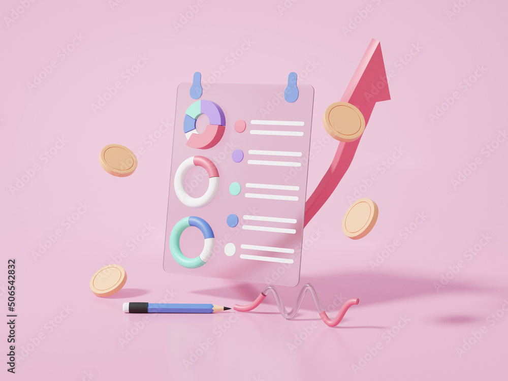 Poster Clipboard paper with coins floating statistics growth chart finance education concept. graph analytics optimization To invest business development. folder document files account. 3d rendering