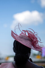 An attendee at a horse race, wearing a fancy hat.