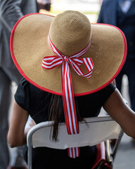 An attendee at a horse race, wearing a fancy hat.