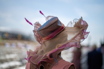 An attendee at a horse race, wearing a fancy hat.