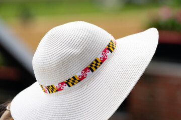 A lady wearing a Maryland themed hat at a horse race.