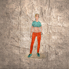 Obraz na płótnie Canvas Standing woman. Sport girl illustration. Casual sportwear - t-shirt, breeches and sneakers. Young woman wearing workout clothes. Sport fashion girl outline in urban casual style.