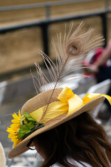 A lady wearing a feather hat at a horse race.