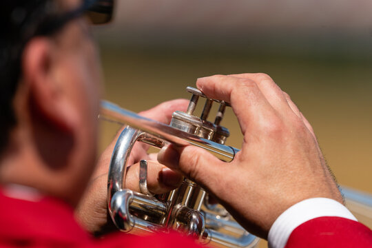 A bugle is sounded to announce the start of a horse race