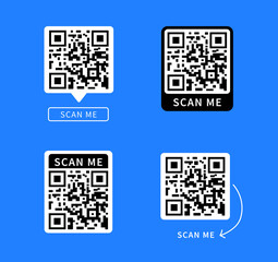Qr code icon for mobile app, smartphone, product, payment. Scan me QR code sign isolated on blue background. Vector illustration.
