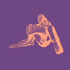 Monochrome silhouette of sitting diver. Mesh grid texture