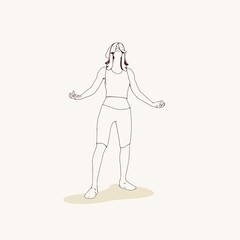 Standing woman. Sport girl illustration. Casual sportwear - t-shirt, breeches and sneakers. Young woman wearing workout clothes. Sport fashion girl outline in urban casual style.