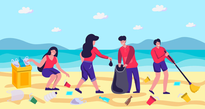 Flat illustration, concept, banner. Volunteers collect trash on the beach on the sea. which is to protect the environment The beautiful sea makes it attractive to tourists.