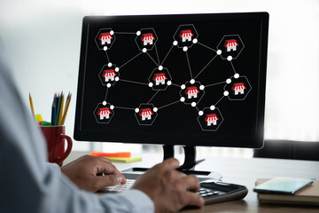 FRANCHISE Marketing Branding Retail and Business Work Mission Concept franchise marketing system in global network connection Modern technology business
