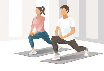Fototapeta na wymiar Motivated young couple exercising together at home, positive a man and woman in sportswear standing on fitness mat, stretching , copy space. Healthy lifestyle concept.