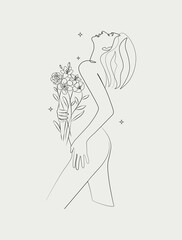 Minimal Line Art Abstract Woman with Flowers Fashion Model Floral Girl Standing Vector Art
