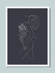 Minimal Line Art Abstract Woman with Flowers Fashion Model Floral Girl Standing Wall Art Poster Vector Art 