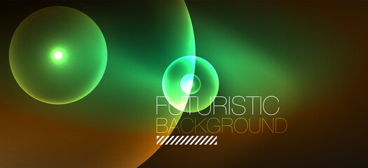 Abstract background with neon glowing light effects. Round shapes, triangles and circles. Wallpaper for concept of AI technology, blockchain, communication, 5G, science, business and technology