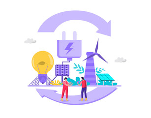 Flat concept illustration Using renewable energy to generate electricity, such as turbines, solar cells, store energy in batteries. make the ecosystem better is sustainable energy new technology