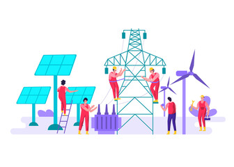 Flat concept illustration Electricians are taking care of using renewable energy to generate electricity, including turbines, solar cells, storing energy in batteries. make the ecosystem better