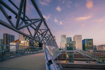  Oslo waterfront downtown city skyline cityscape in Norway at sunset