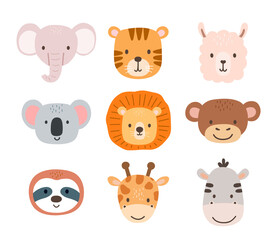 Set of cute portraits elephant, giraffe and koala in flat style. Drawing baby wild tiger face isolated on white background. Vector sweet sloth for kids poster and card. Jungle animal