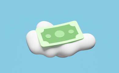 3d banknote icon with cloud isolated on blue background. economic movements or business finance concept, 3d render illustration