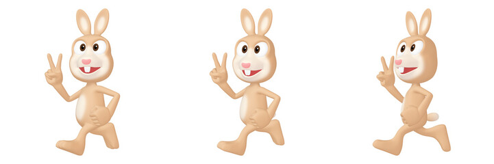 年賀状イラスト素材　卯年　ウサギのキャラクター（1_1 3 4）　ランニング　ピースサイン　カット3点セット