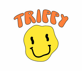 Psychedelic surreal sticker smiling face. Vector cartoon illustration with trippy lettering. Yellow groovy face on white background. Weird graphic 70s