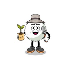 Illustration of rice ball cartoon holding a plant seed