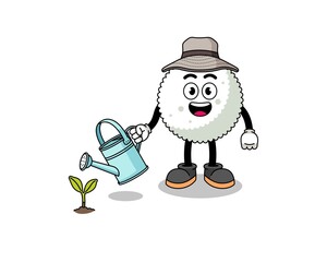 Illustration of rice ball cartoon watering the plant