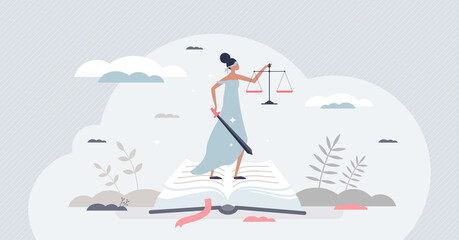 Justice and fair decision with equality principles tiny person concept. Femida female as truth symbol for lawyer, advocates and judge vector illustration. Blind female sculpture with sword and scales.